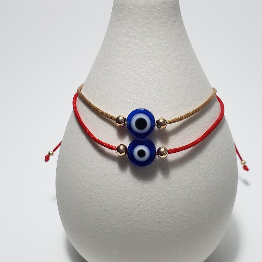 SET of 2 Bracelets 14K SOLID GOLD Beads Bracelet EVIL EYE Red String Kabbalah